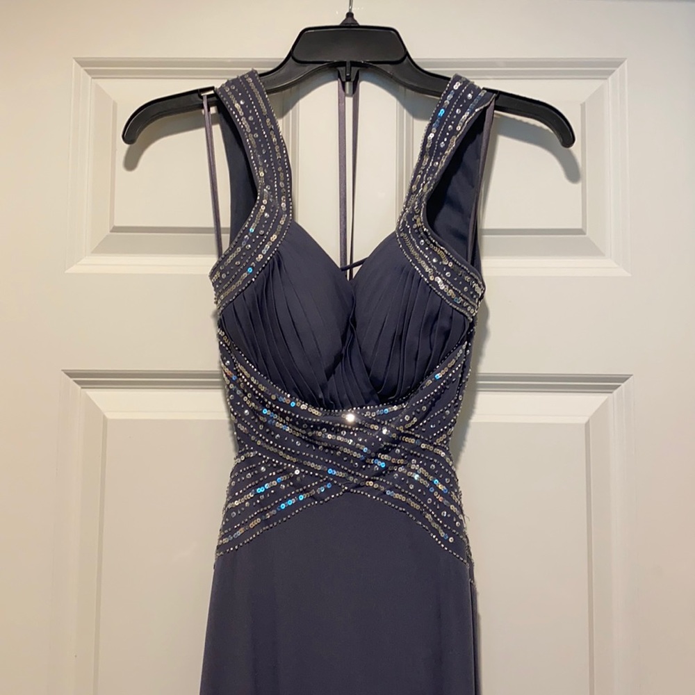 Gray and silver long gown.